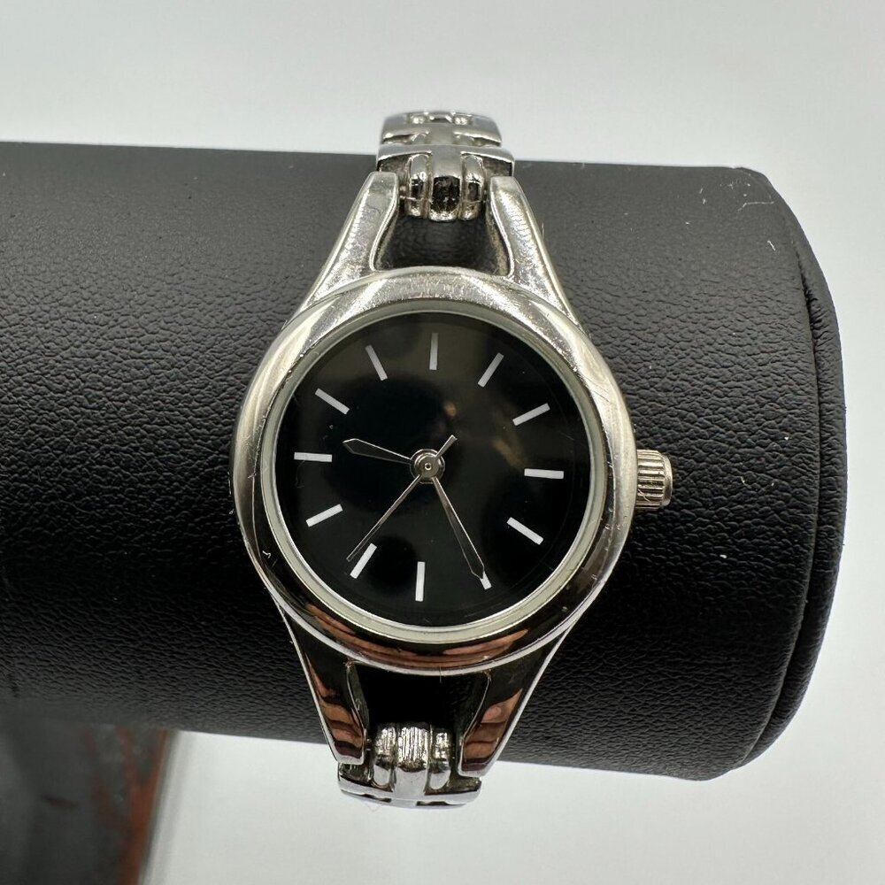 3/$30 Women Watch Silver Tone Round Black Dial Classic Minimalist 6.75"
